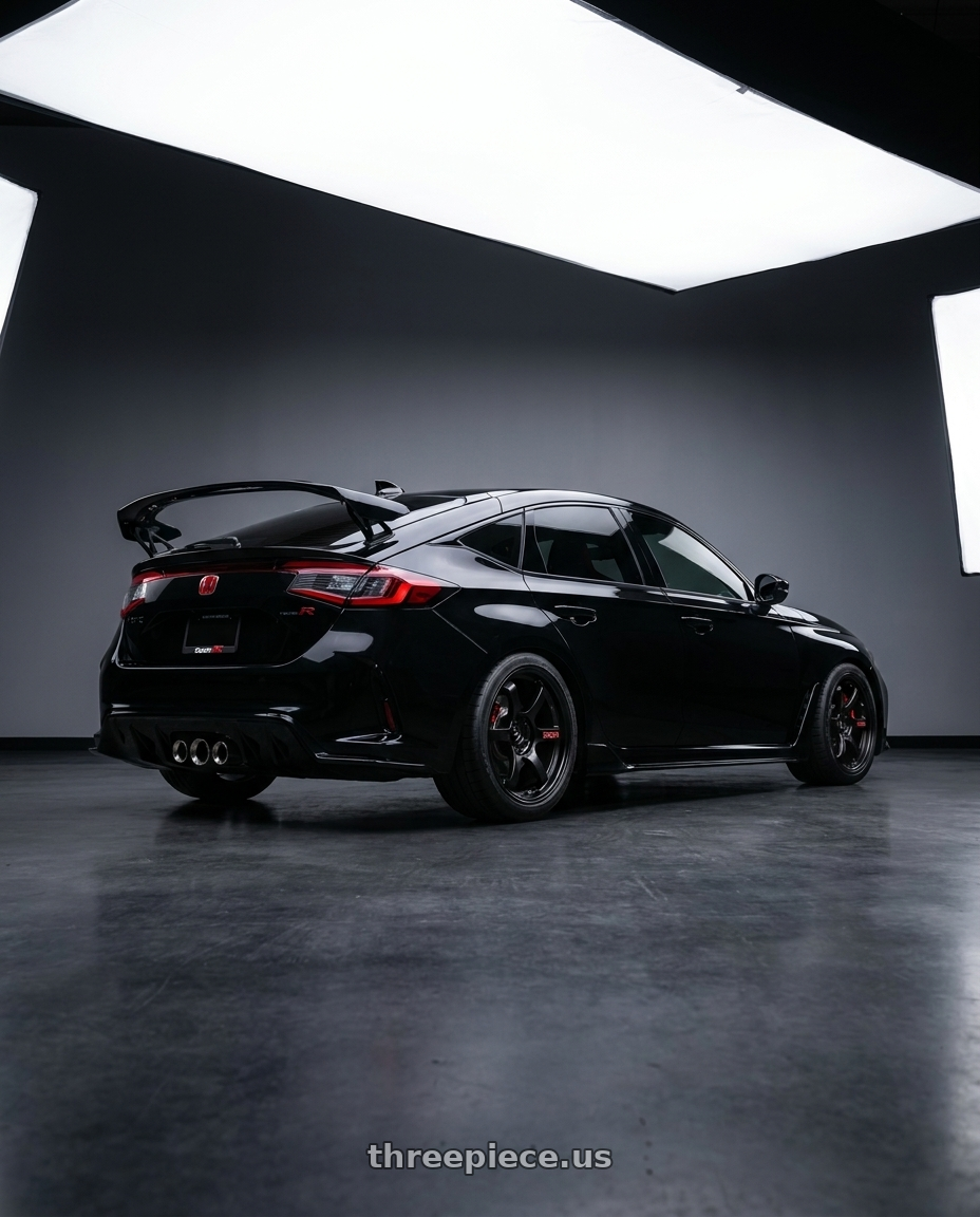 2023 civic type r with Gram Lights 57DR 5x120 18x9.5 +38 SEMI GLOSS BLACK wheels rear three quarter view square tires