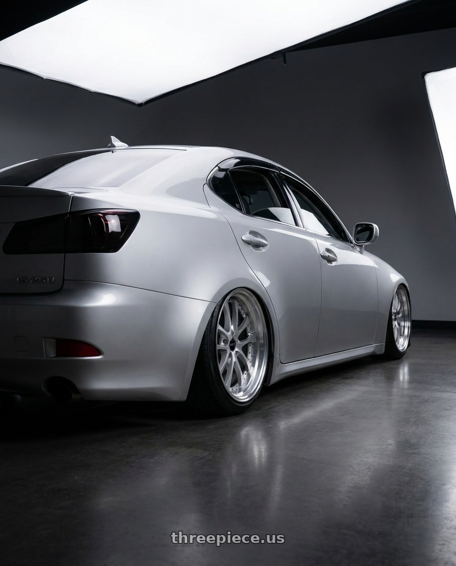 2010 Lexus Is250 with ARC AR5 5x114.3 18x9.5  +30 Silver Machine Face Lip Chrome Rivet wheels rear three quarter view slight stretch tires