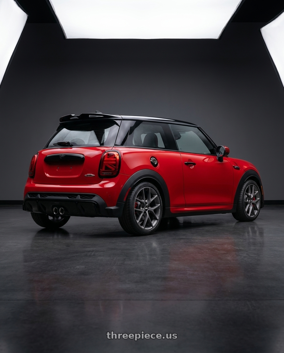 2025 mini jcw red with BBS SR 5x114.3 18x8.0+40 Satin Himalaya Grey wheels rear three quarter view square tires