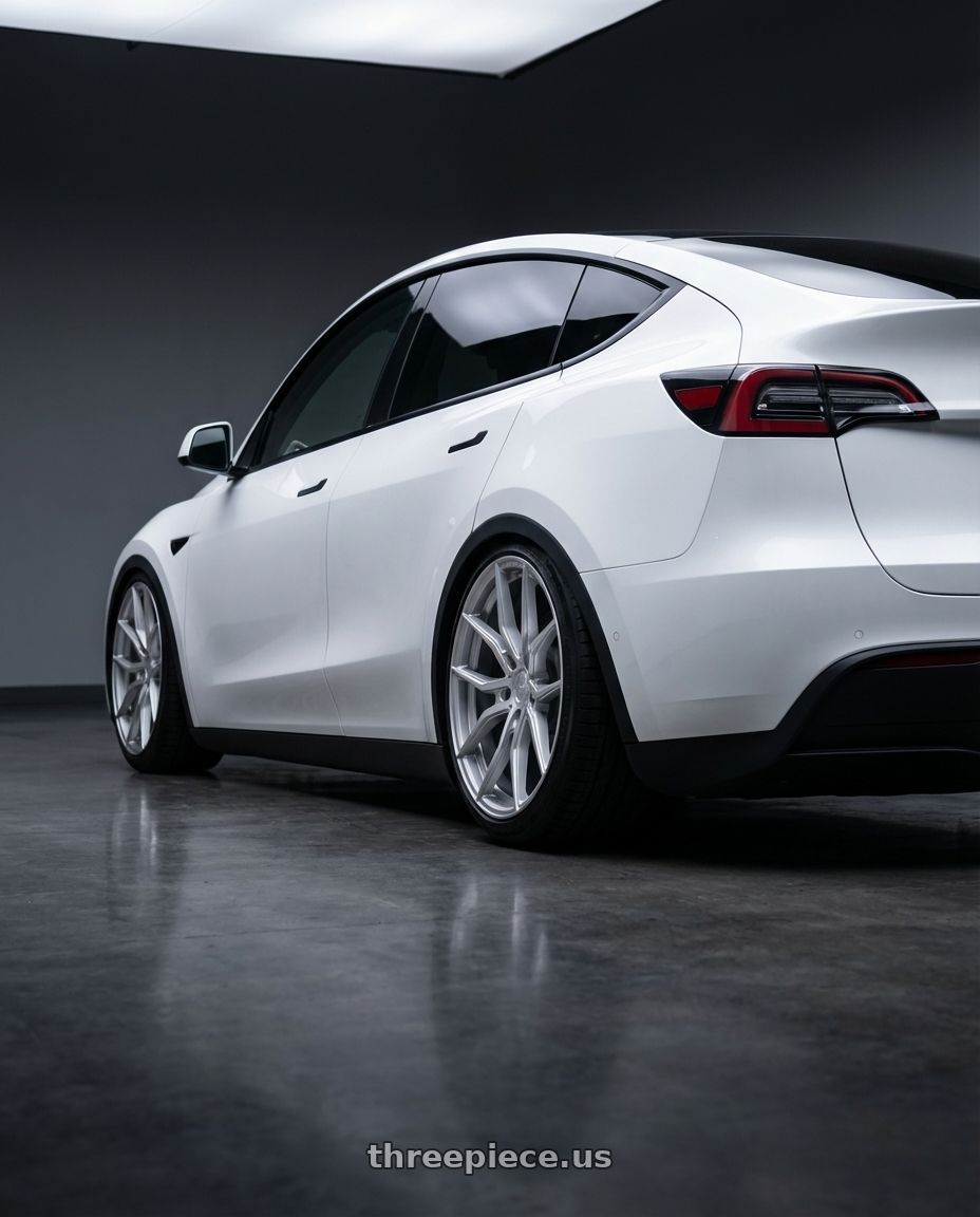 2024 Tesla Model Y with Aodhan AFF1 5x114.3 20x9+32 Gloss Silver Machined Face wheels rear three quarter view slight stretch tires