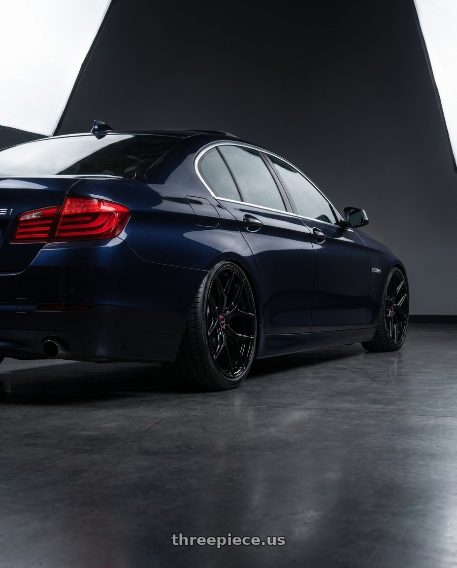 2012 bmw 535i with VOSSEN HF-5 5X120 20x9 +35 GLOSS BLACK wheels rear three quarter view slight stretch tires