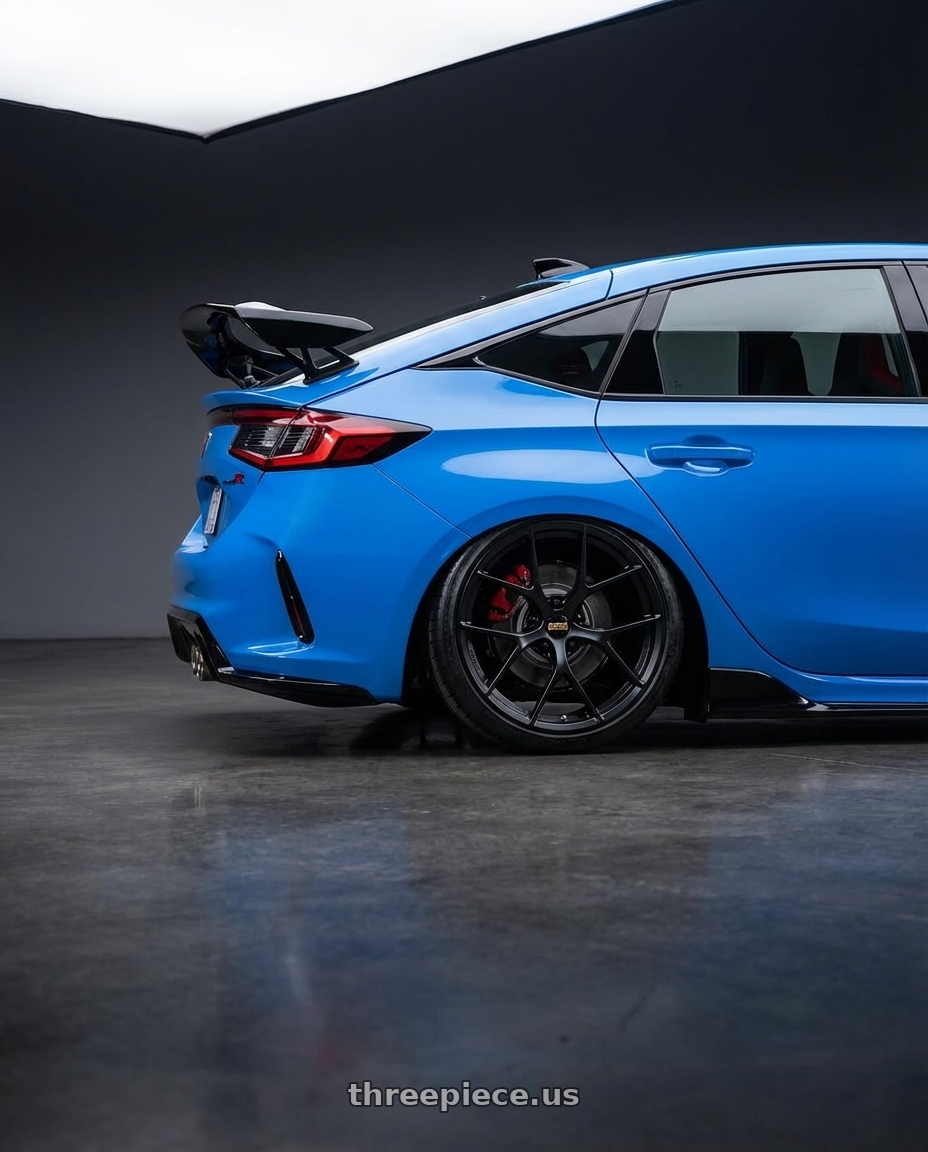 2024 Honda Civic Type R with BBS FI-R 5x120 19x10.5+35 Satin Black wheels rear three quarter view slight stretch tires