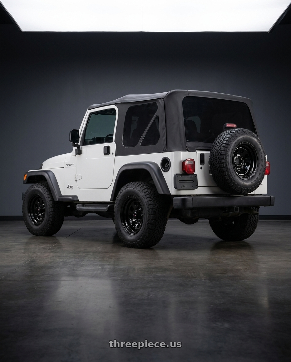 2006 jeep wrangler with Vision HD 85H 5x114.3 15x8-29 Gloss Black wheels rear three quarter view square tires