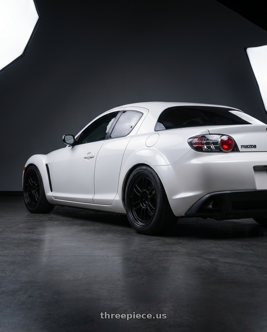 2008 Mazda RX-8 Type S with Enkei RPF1 4x100 16x8+38 Black wheels rear three quarter view square tires