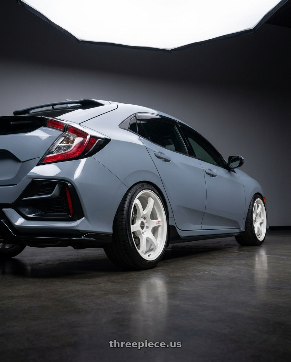 2021 Honda Civic sports hatchback with Gram Lights 57DR 5x114.3 18x9.5 +38 CERAMIC PEARL wheels rear three quarter view slight stretch tires