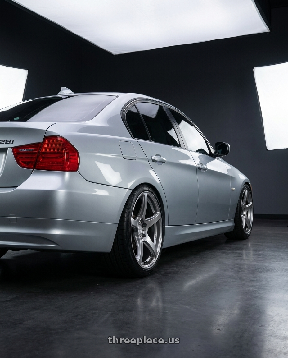 2011 BMW 328i  with Work Emotion T5r 5x114.3 18x10.5 +12 Glow Silver wheels rear three quarter view square tires