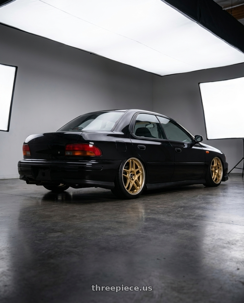 1998 Subaru Impreza GC8  with Motegi MR158 TSUBAKI 5X100 18x8.5 +30 MOTORSPORT GOLD W/ MACHINED LIP wheels rear three quarter view slight stretch tires