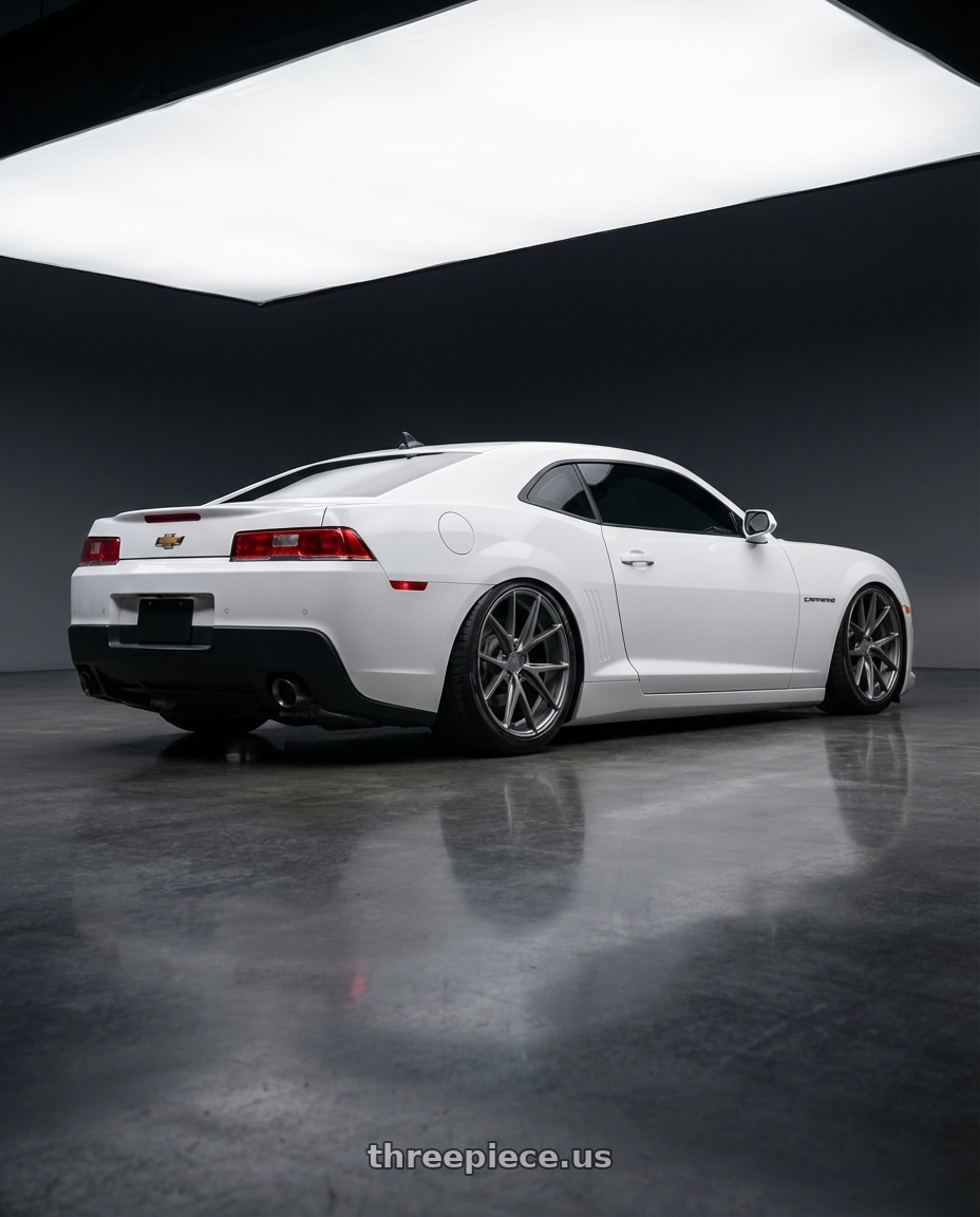 2014 Chevrolet Camaro 5th Gen with Niche 1PC M116 MISANO 5X120 20X10.5 +35 MATTE GUN METAL wheels rear three quarter view slight stretch tires