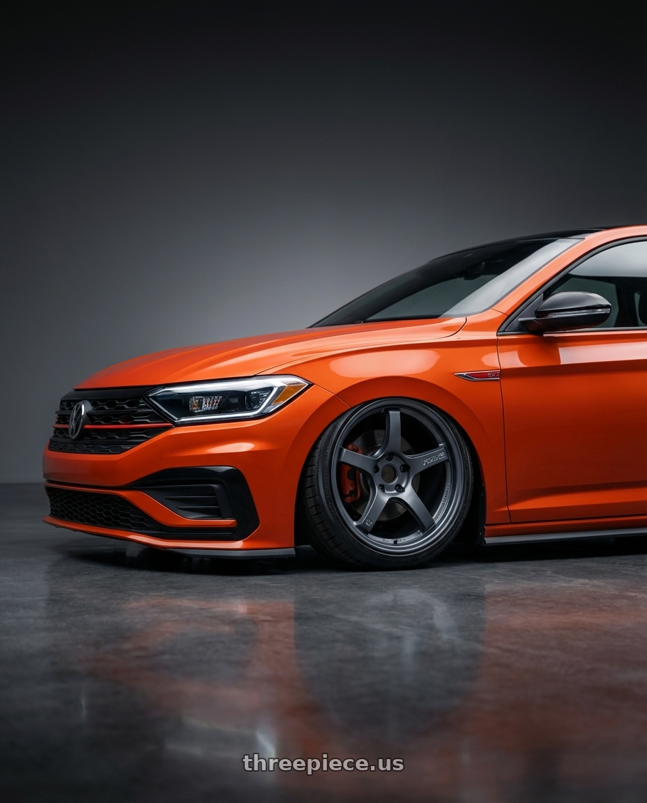 2023 Volkswagen Jetta GLI MK7 with Gram Lights 57CR 5x112 19x10.5+22 Gunblue II wheels front three quarter view stanced stance