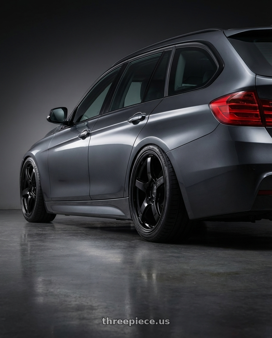 2016 BMW 3 Series F30 with Gram Lights 57CR 5x120 19x9.5+35 Glossy Black wheels rear three quarter view slight stretch tires