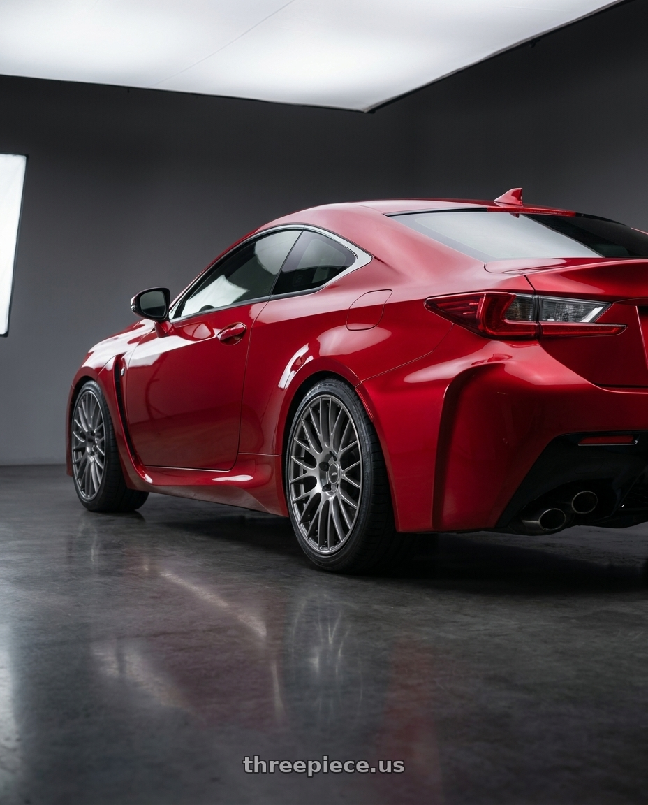 2018 Lexus RC F with Ssr Gtv04 5x114.3 19×8.5x8.5+45  METALLIC GRAY wheels rear three quarter view square tires