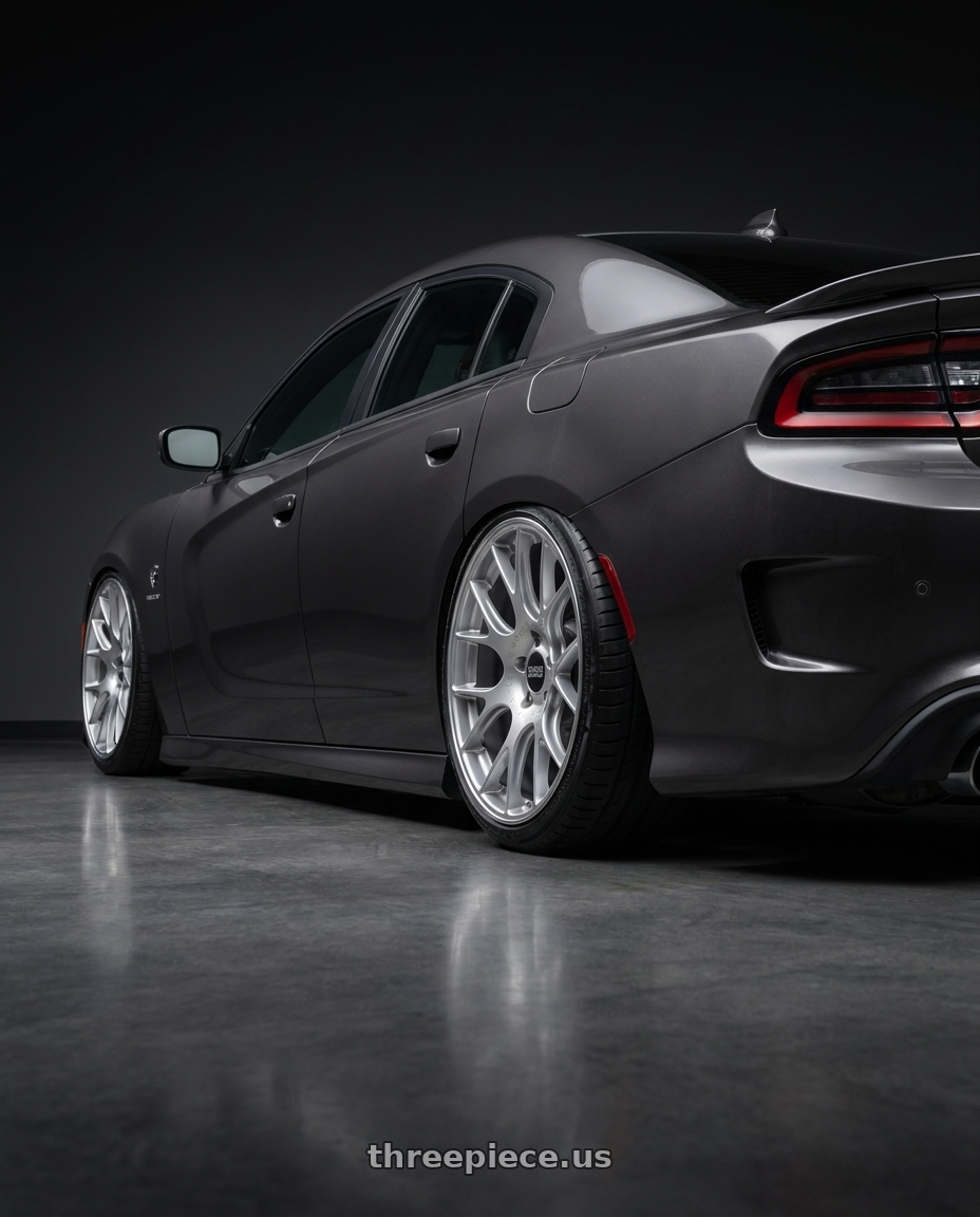 2017 Dodge charger srt hellcat with BBS CH-R 5x130 19x12 +45 Brilliant Silver Polished Rim Protector wheels rear three quarter view slight stretch tires