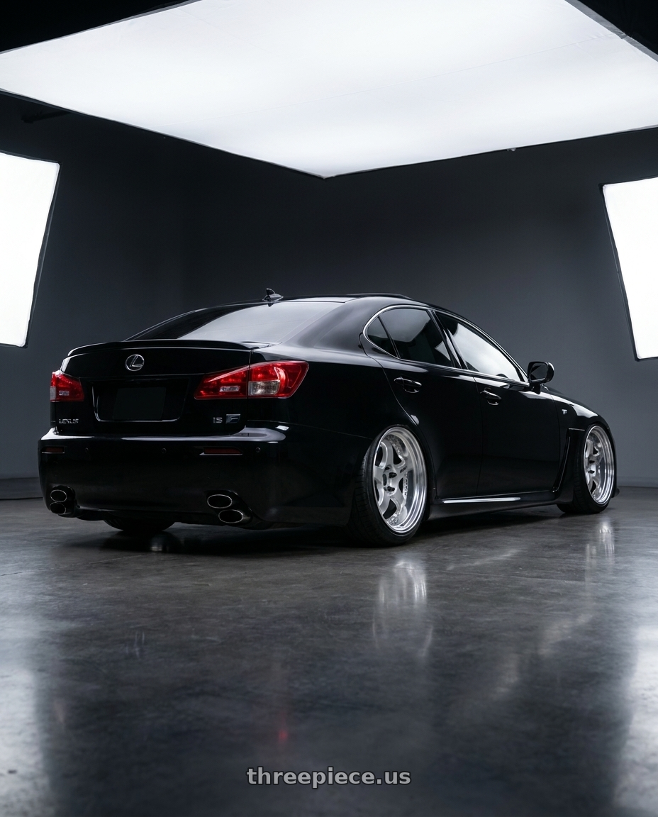 2013 Lexus isf with Work Meister S1 3P 5x112 18x9+30 O Disk Silver wheels rear three quarter view extreme stretch tires