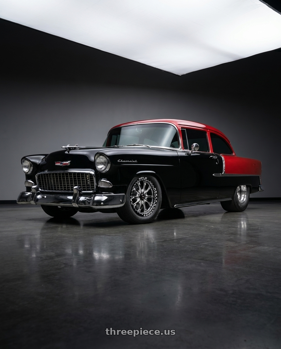 1955 Chevy 210, Black and Red with WELD Performance Belmont Drag Beadlock 5x127 20x10.5 +38 Gloss Black/Milled Diamond Cut Lip wheels