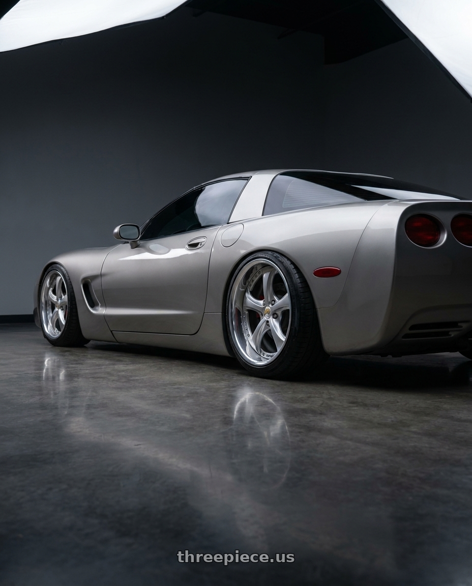 2001 Chevy corvette with Work Wheels VS-KF 5x120.65 19x10.5+52 Light Grey Silver R Disk FULL REVERSE wheels rear three quarter view slight stretch tires