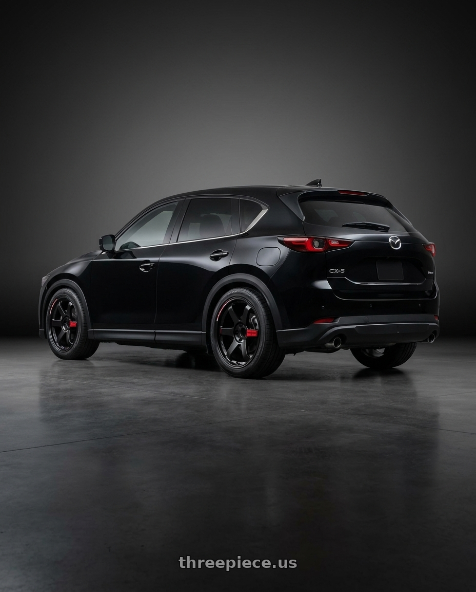 2022 CX5 黑色 with Volk Racing TE37SL BK-II 5x112 19x8.5 +39 PRESSED BLACK / RIM REDOT wheels rear three quarter view square tires