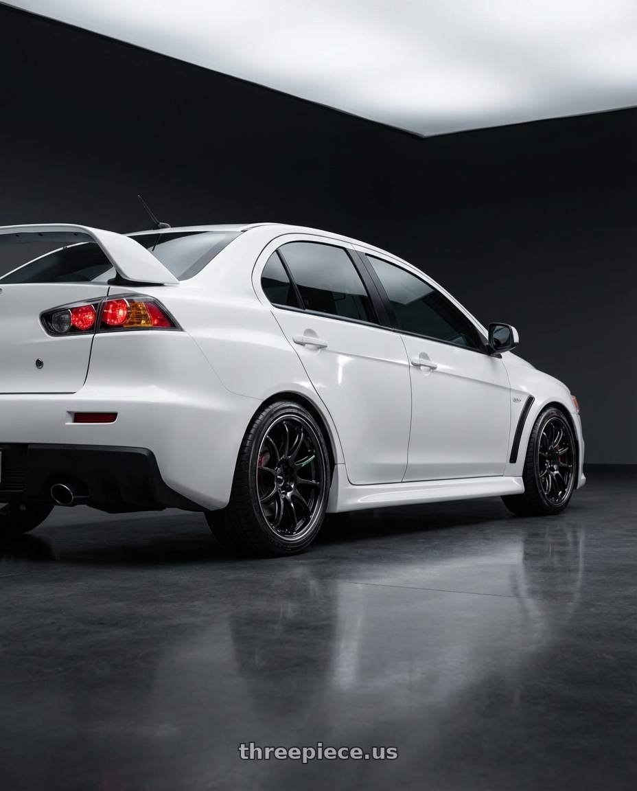 2015 evo x with Work Emotion Zr10 5x100 18x9.5 +22 Black Diamond Lip Cut wheels rear three quarter view square tires