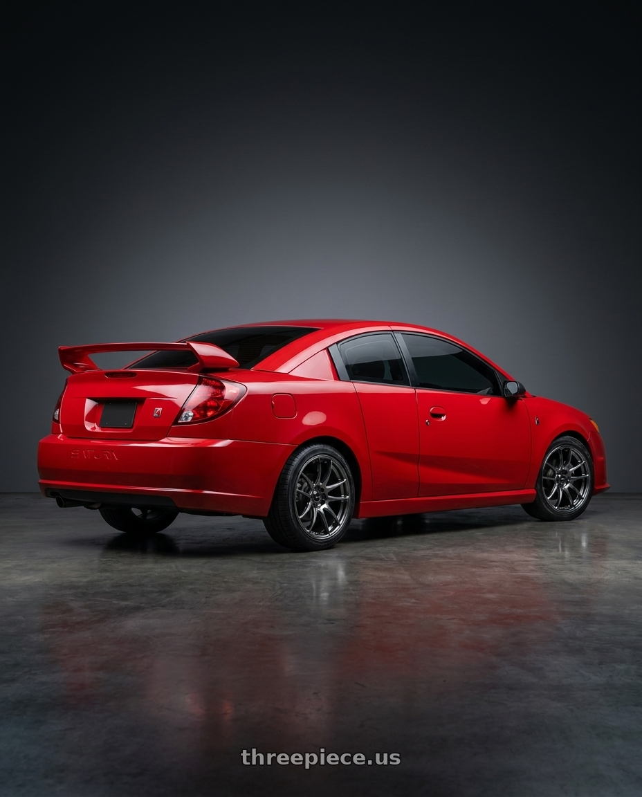 2005 Saturn Ion Redline Chili Pepper Red with Vors TR4 5x110 17x8  +35 Hyper Black wheels rear three quarter view square tires