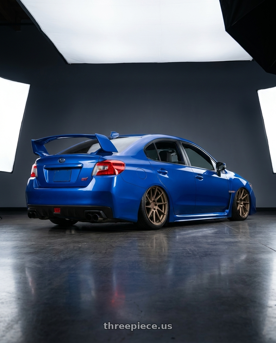 2013 Subaru WRX STI with Aodhan AH09 5x114.3 18x9.5 +35 Matte Black wheels rear three quarter view slight stretch tires