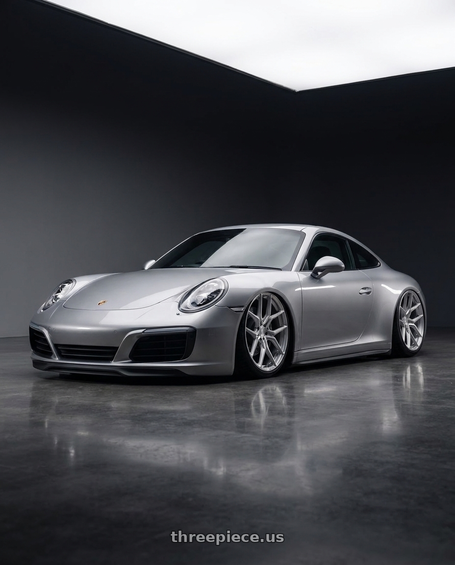 2018 Porsche 911 with MV Forged MVF5 5x130 21x10.5 +45 Diamond Silver wheels front three quarter view stanced stance