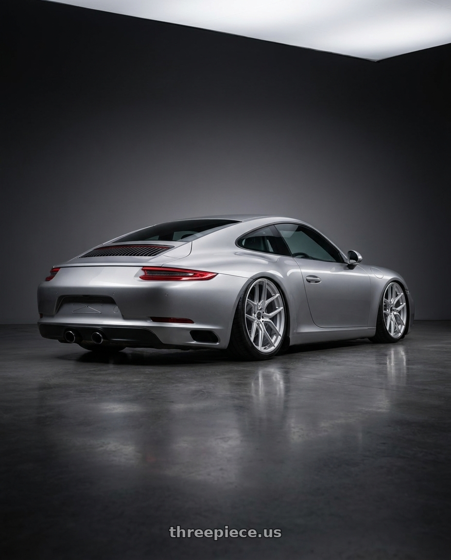 2018 Porsche 911 with MV Forged MVF5 5x130 21x10.5 +45 Diamond Silver wheels rear three quarter view slight stretch tires