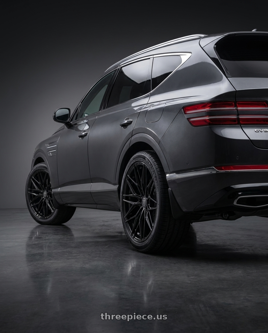 2021 Genesis GV80 with Rohana RFX17 5x112 20x8+30 Gloss Black wheels rear three quarter view square tires