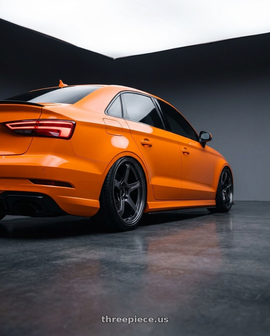 2017 Audi RS3 with Advan Racing GT BEYOND 5x112 20x11.0 +35 RACING TITANIUM BLACK wheels rear three quarter view extreme stretch tires