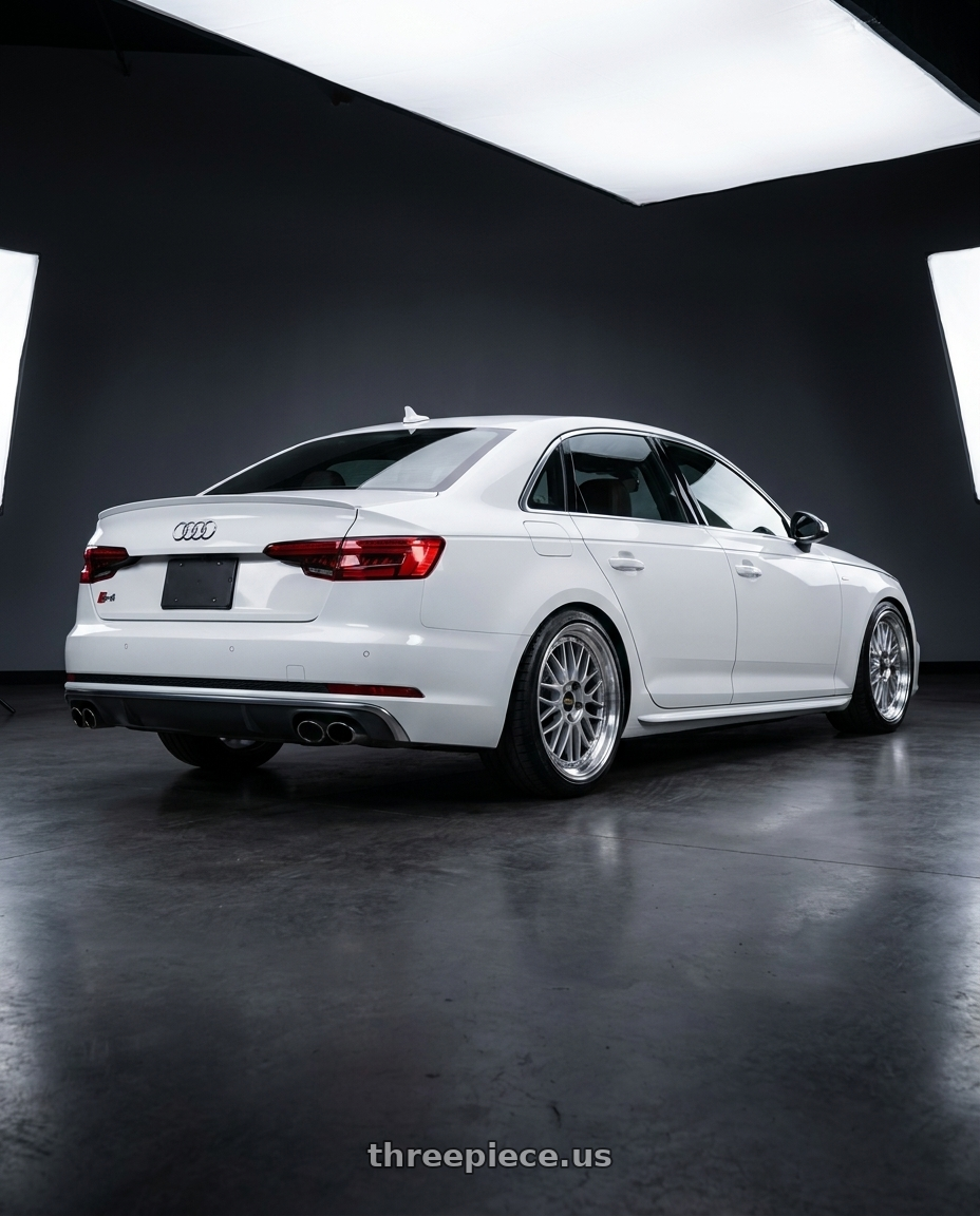 2019 audi s4 with BBS LM 5x114.3 17x7.5+38 Diamond Silver wheels rear three quarter view slight stretch tires