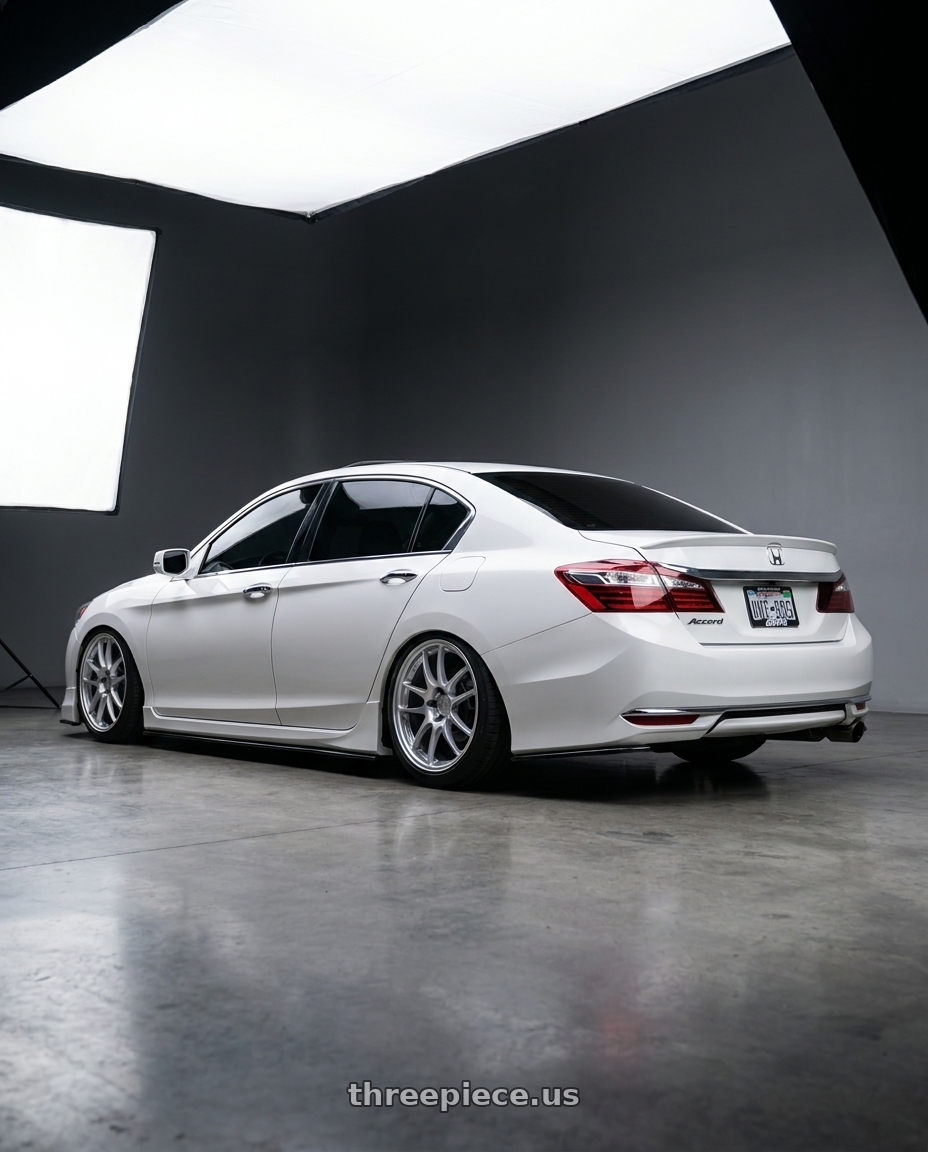 2016 Honda accord with Enkei PF01 5x114.3 18x9.5+35 Silver wheels rear three quarter view square tires