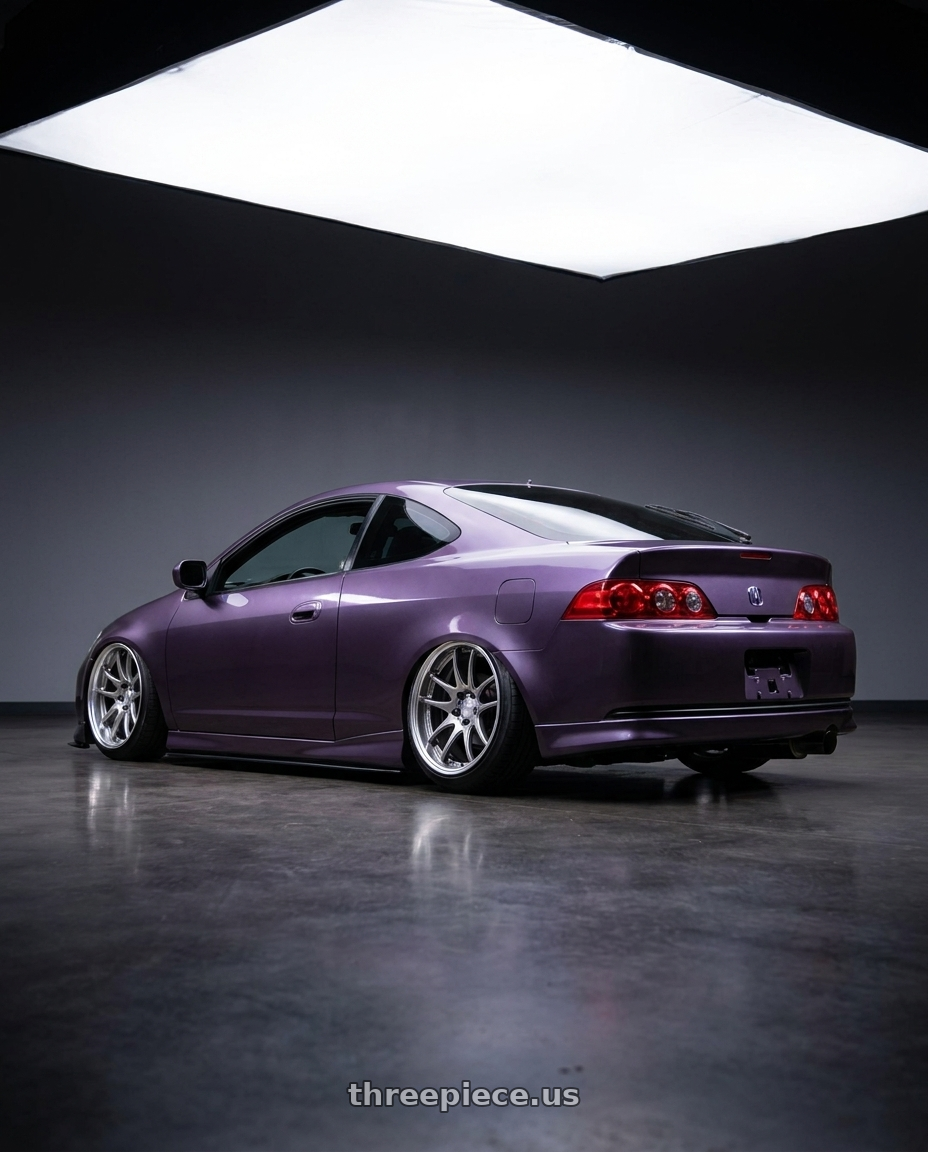 2006 Acura rsx type s with Work Cr 2P 5x114.3 18x9.5 +0 GT Silver wheels rear three quarter view slight stretch tires