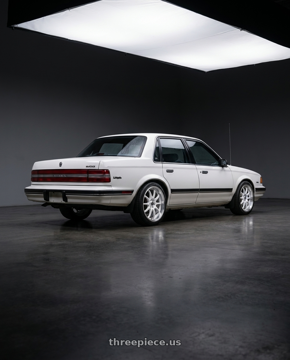 1990 buick century limited white with Konig Lightning 5X100/5X114.3 16x7+40 White/Machine Lip wheels rear three quarter view slight stretch tires