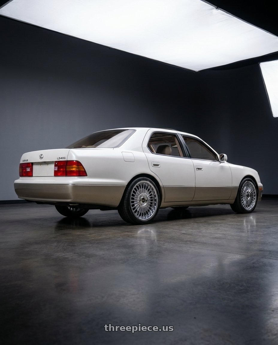 1999 Lexus ls400 with Work Emitz Chrome 5x114.3 19x8.0 +38 wheels rear three quarter view square tires
