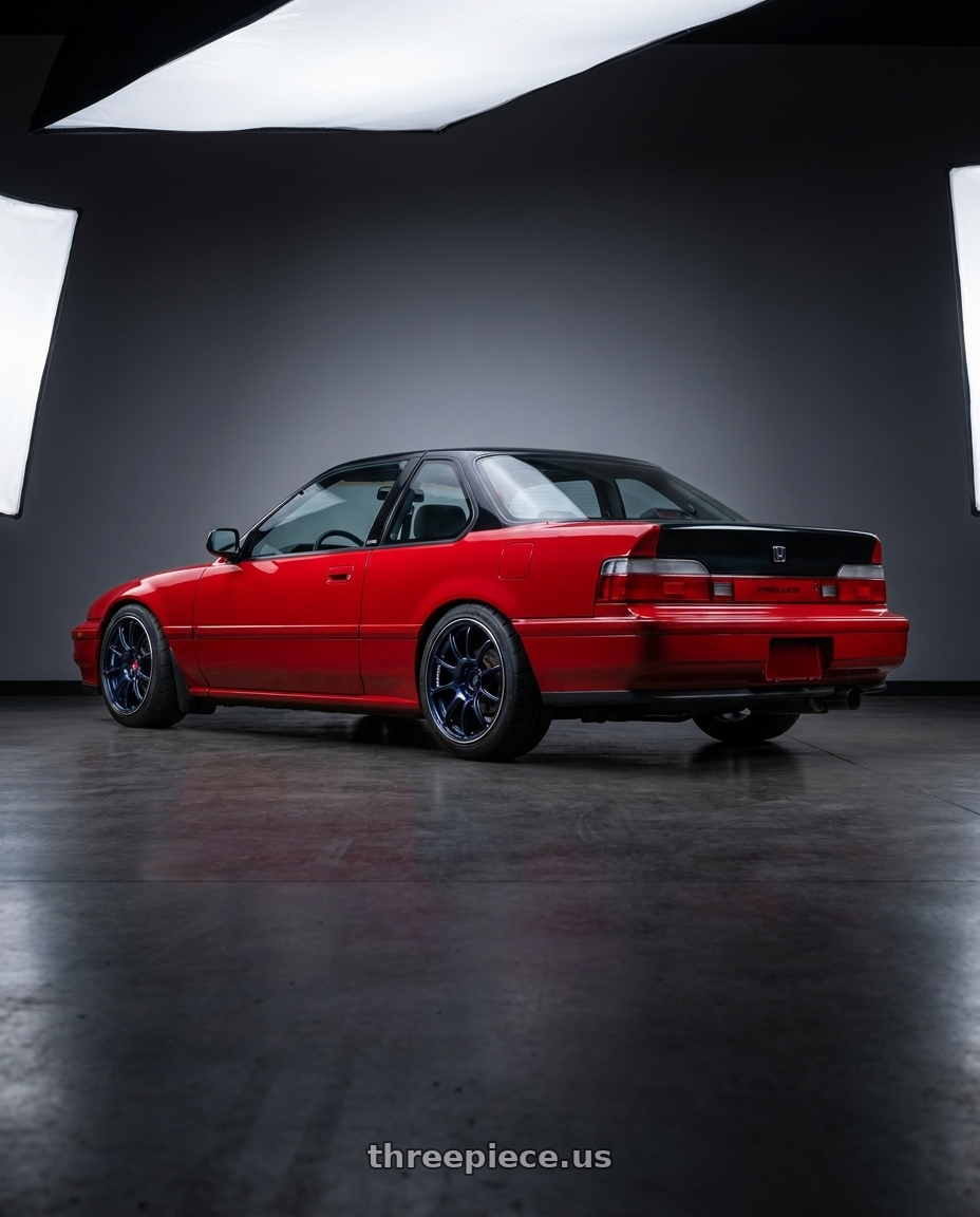 1991 Honda prelude with Advan Racing RZII 4x100 16x7.0 +30 RACING INDIGO BLUE & RING wheels rear three quarter view meaty tires