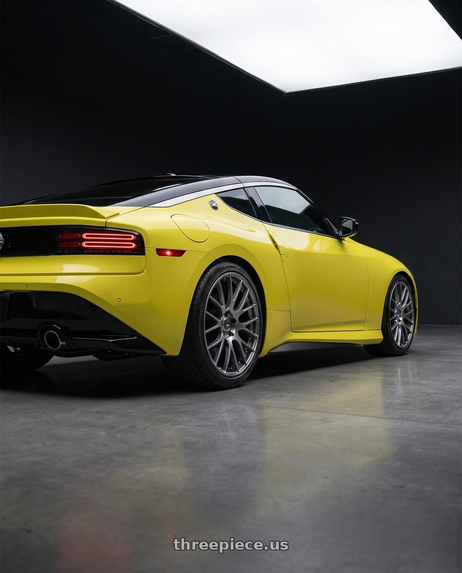 2024 Nissan Z with Ssr Gtv04 5x114.3 19×8.5x8.5+45  METALLIC GRAY wheels rear three quarter view square tires