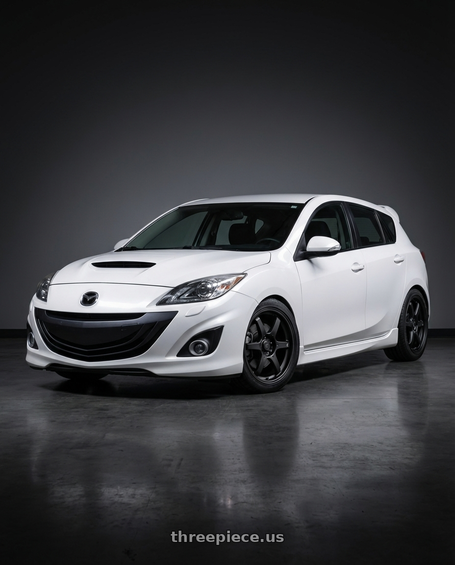2012 Mazda Mazdaspeed3 with Konig Backbone 5x114.3 18x8+35 Matte Black Milling Logo on Spoke wheels