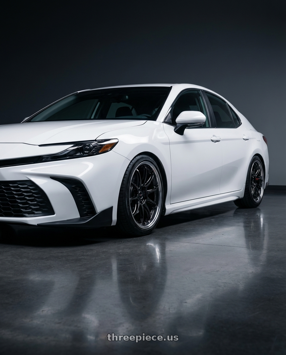 2026 Toyota Camry  with Work Zr10 2P 5x120 18x9.0 +38 Glim Black wheels front three quarter view lowered stance