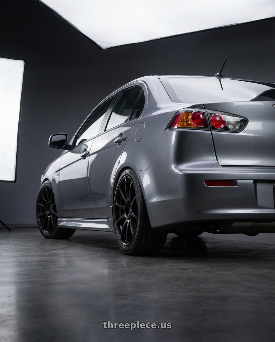 2014 Mitsubishi Lancer Ralliart with Ssr Gtv02 5x114.3 18x8+35  FLAT BLACK wheels rear three quarter view square tires