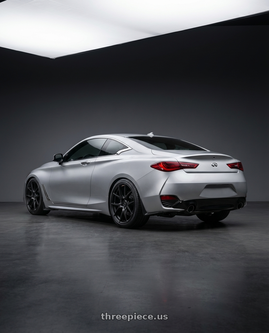 2020 Infiniti Q60 with Ssr Gtv03 5x114.3 19x8.5+38  FLAT BLACK wheels rear three quarter view square tires