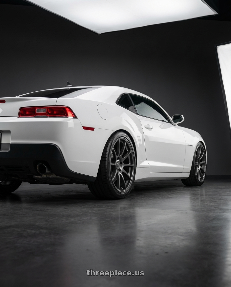 2014 Chevrolet Camaro 5th Gen with Forgestar CF10 5x120 20x9 +38 Gloss Anthracite wheels rear three quarter view square tires