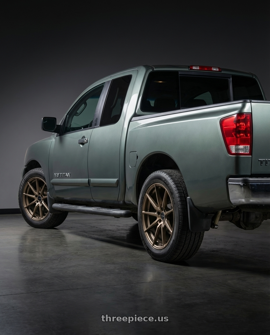 2005 Nissan titan se with Rosenstein Wheels DELTA 5x120 18X9.5 +38 Matte Bronze wheels rear three quarter view square tires