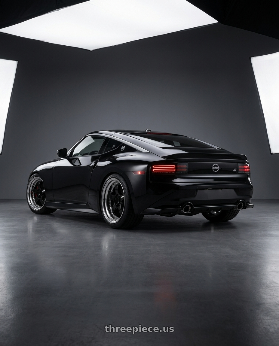 Nissan Z Performance 2024 with Work Meister S1 3P 5x114.3 19x10.5+17 T Disk Black wheels rear three quarter view slight stretch tires