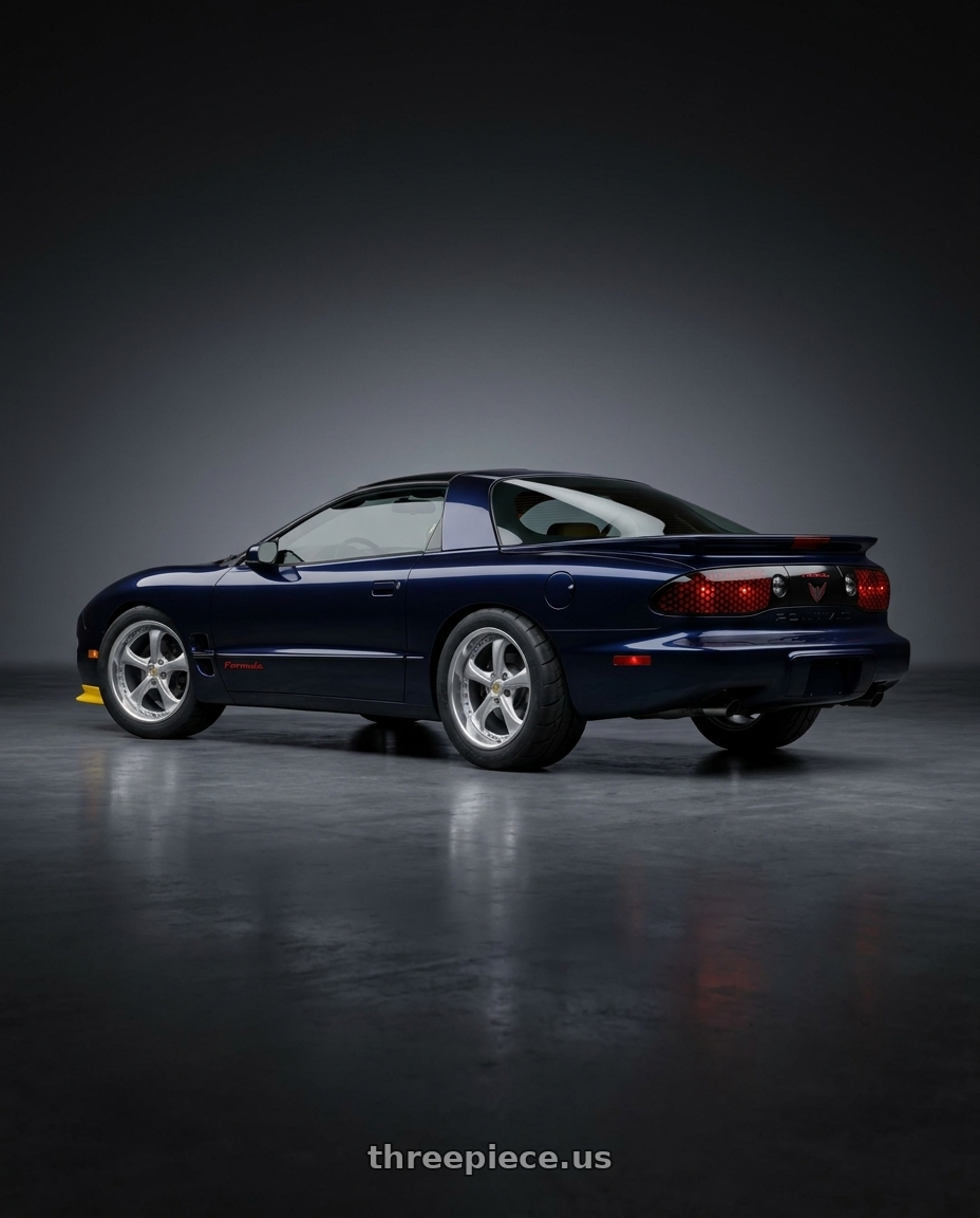 2001 Pontiac firebird with Work Wheels VS-KF 5x120.65 18x8.5+53 Light Grey Silver O Disk FULL REVERSE wheels rear three quarter view meaty tires