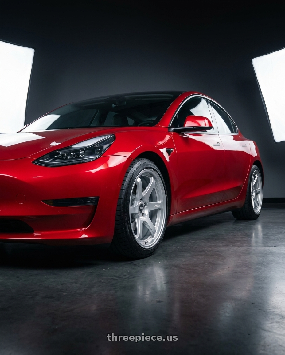 2022 Tesla Model 3 Performance with ESR Wheels APEX SERIES AP6 5x114.3 19x8.5 +30 Hyper Silver wheels front three quarter view stock stance