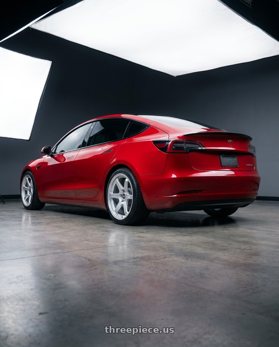 2022 Tesla Model 3 Performance with ESR Wheels APEX SERIES AP6 5x114.3 19x8.5 +30 Hyper Silver wheels rear three quarter view square tires
