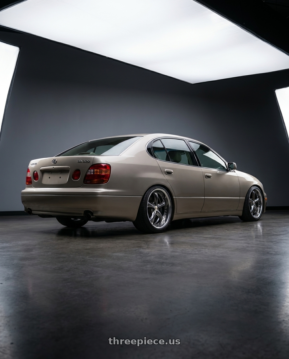 2004 Lexus GS300 with Work Wheels VS-KF 5x120 19x12+41 Brilliant Silver Black L Disk FULL REVERSE wheels rear three quarter view square tires