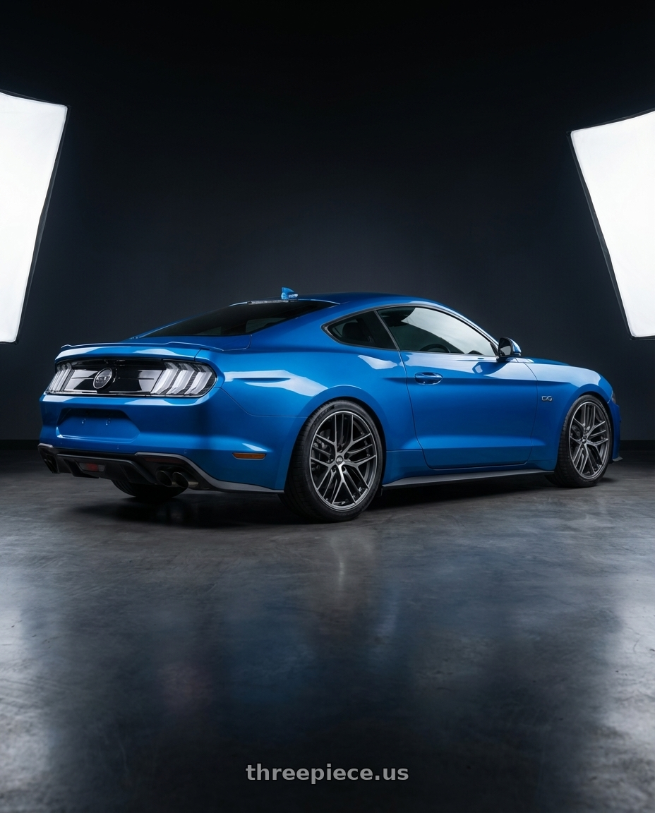 2022 Ford Mustang GT with BBS CC-R 5x114.3 19x8.5+30 Graphite w/ Diamond Cut Face wheels rear three quarter view square tires