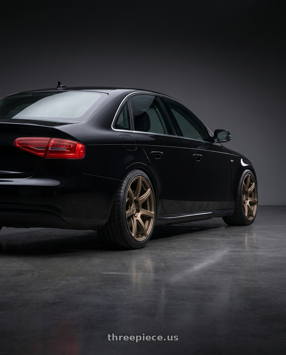 2013 Audi a4 with Work Emotion T7r 5x100 18x10.5 +12 Matte Bronze wheels rear three quarter view square tires