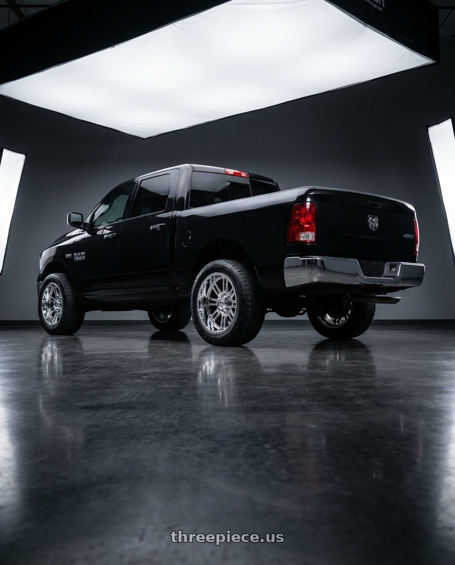 2015 Ram 1500 with Vision Off-Road 404 Brawl 5x139.7 20x9+12 Chrome wheels rear three quarter view square tires