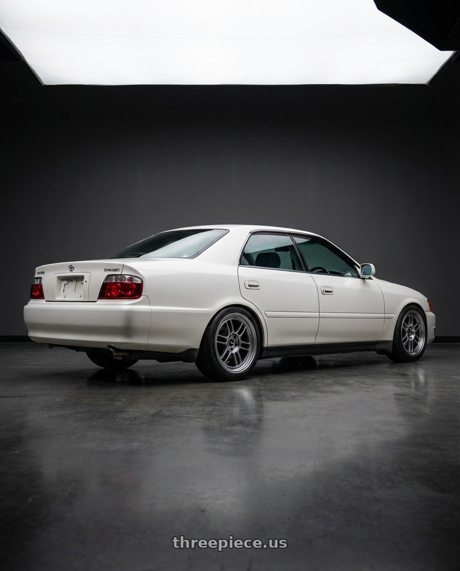 1999 Toyota Chaser Tourer GP with Enkei RPF1 5x114.3 17x8+45 SBC wheels rear three quarter view square tires