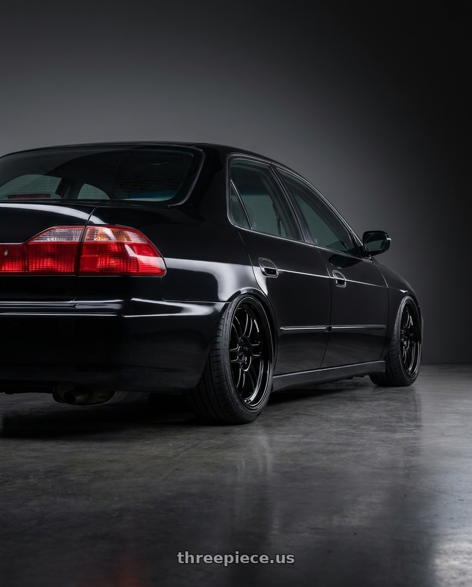 2001 Honda accord lx 4rd with KATANA RACING KR02 4x100/4x114.3 17x7.5 +40 Glossy Black wheels rear three quarter view slight stretch tires